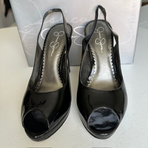 Jessica Simpson Black Shiny Slingback Patent Leather Heels Size 9M - Picture 1 of 9